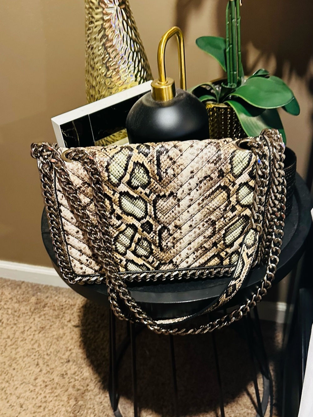 Aldo Snake-Print Chain Shoulder Bag in Tan and Cream